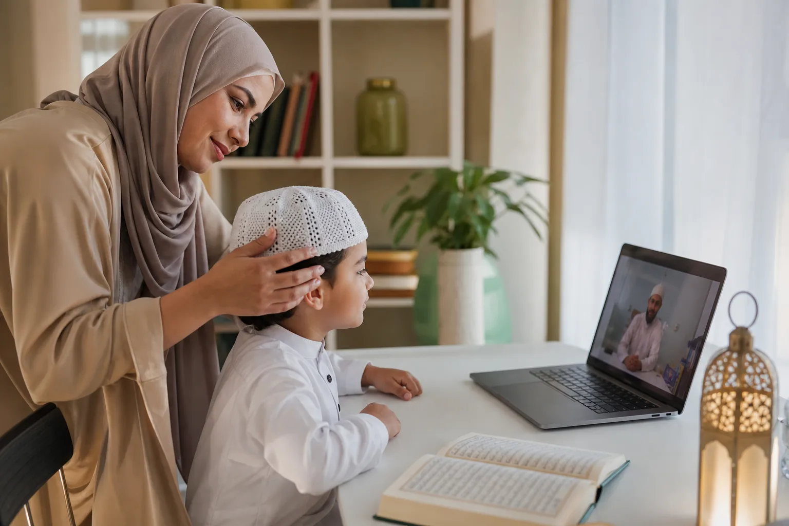 Parent supporting a young learner during an online Quran lesson at home