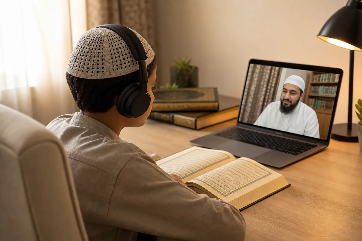 Student revising Quran memorization while an online teacher listens on a laptop