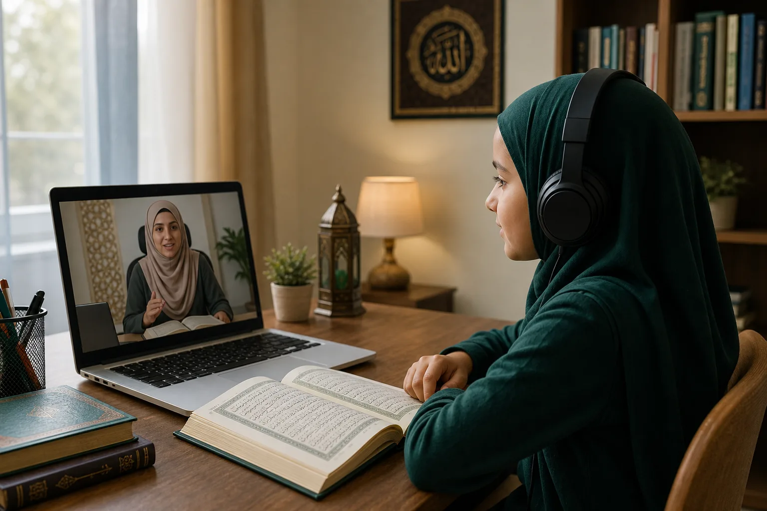 Young student attending an online Quran lesson with a teacher visible on a laptop