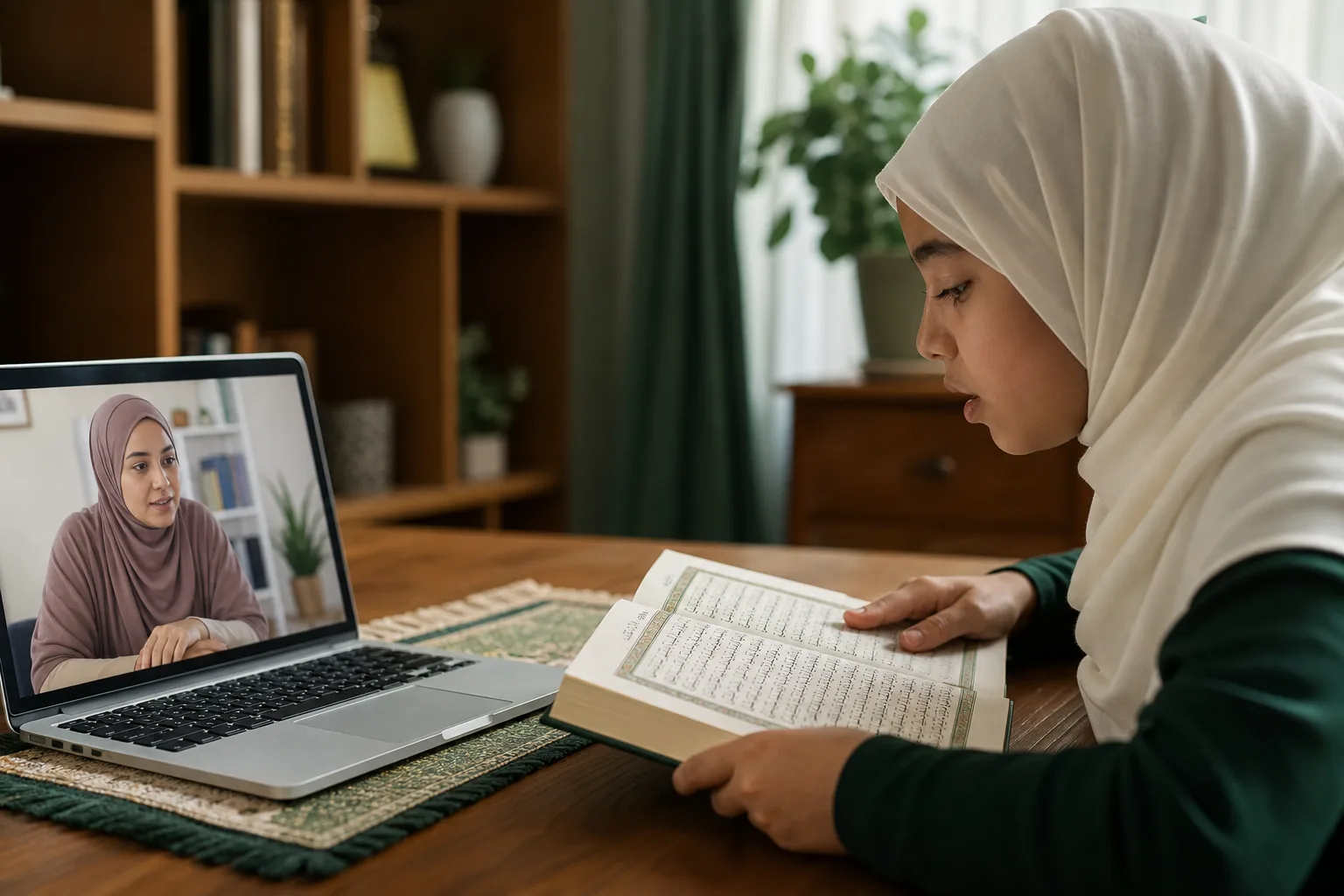 Student reading Quran during a one-to-one online class with a teacher on a laptop