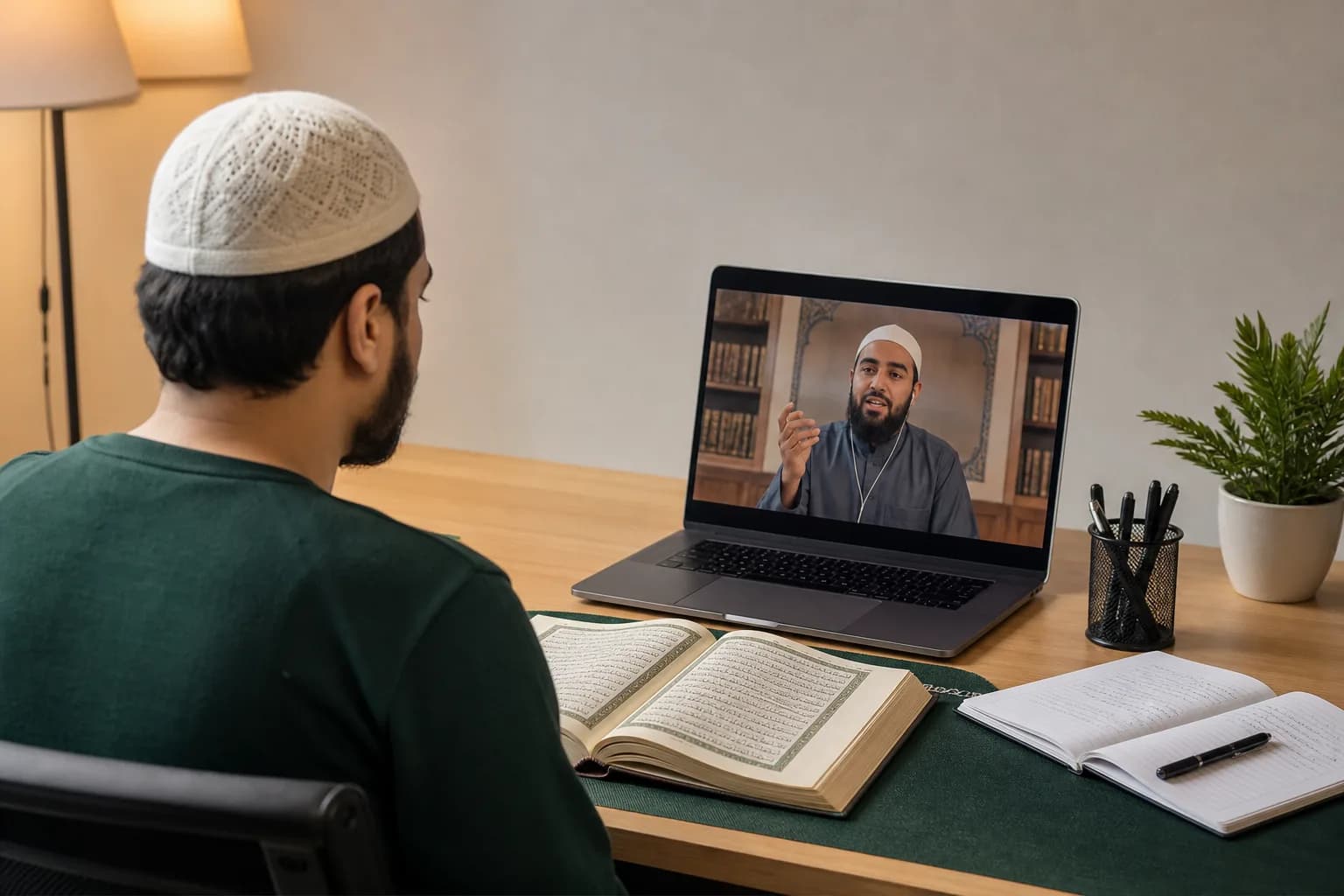 Online Tajweed teacher guiding a student's Quran recitation on a laptop
